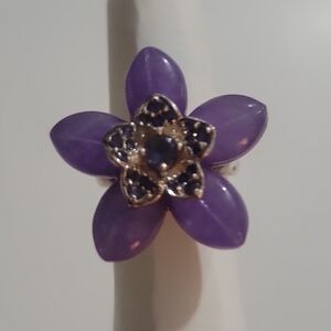 Purple amethyst flower ring, sterling silver, 925
